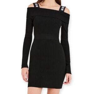 Herve Leger Medium Black Off The Shoulder w/ Logo Straps Dress New